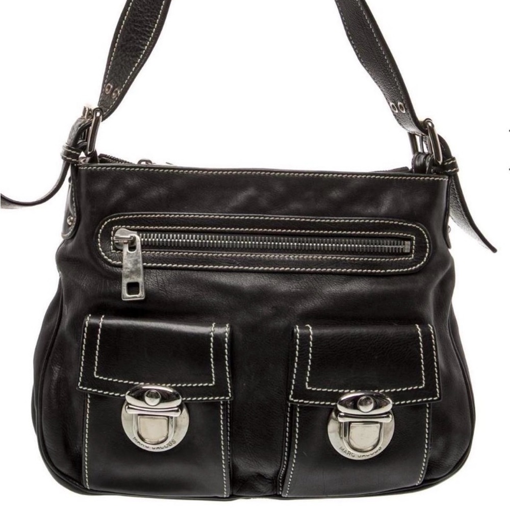 Marc Jacobs Black Leather Shoulder Bag with Silver Accents